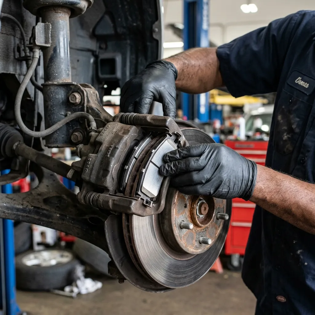 Professional mechanic fixing brakes in West Covina